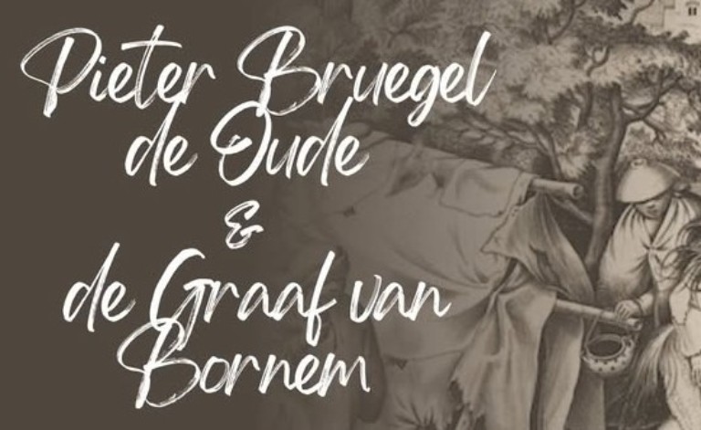 Tekst in sierlijk handschrift: "Pieter Bruegel de Oude & de Graaf van Bornem" met een achtergrondtekening. (vergroot foto)