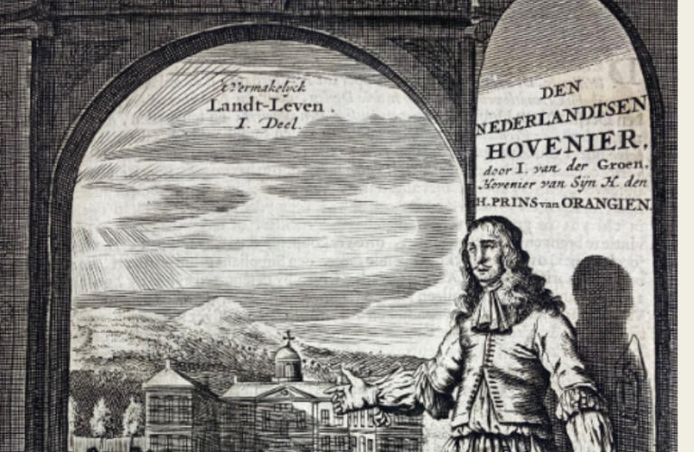 Zwart-wit gravure van een man in historische kleding die wijst naar een formele tuin en twee ruiters op paarden. (vergroot foto)